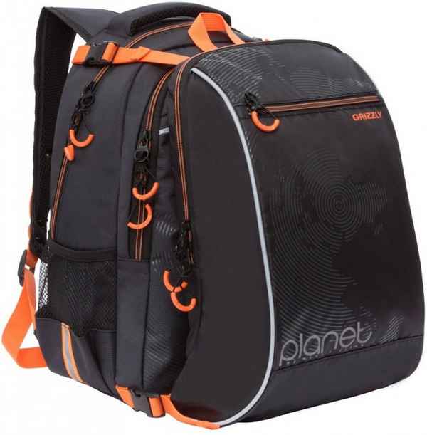 Рюкзак школьный с мешком Grizzly RB-056-1 Чёрный/Оранжевый