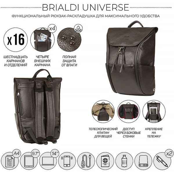Функциональный рюкзак раскладушка BRIALDI Universe (Вселенная) relief brown