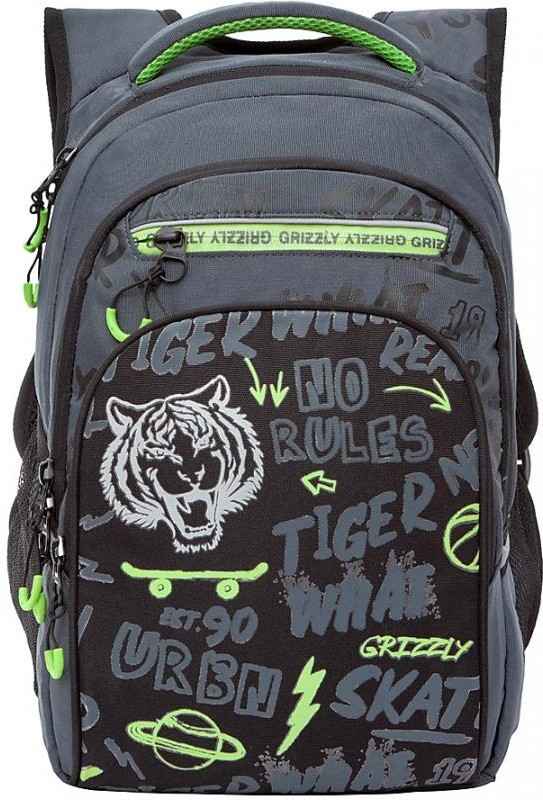 Рюкзак школьный Grizzly RB-150-3 черный - салатовый