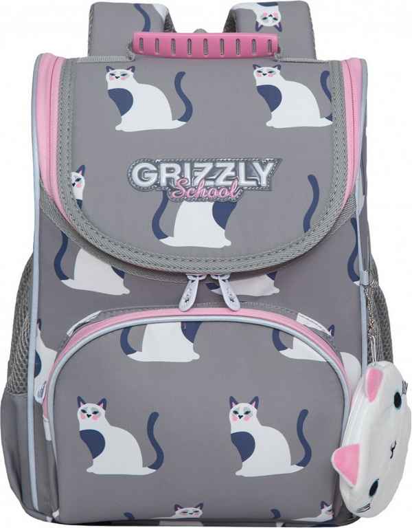 Рюкзак школьный с мешком GRIZZLY RAm-284-11 кошки на сером